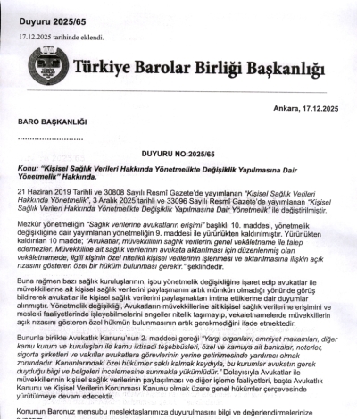 TBB KİŞİSEL SAĞLIK VERİLERİ HAKKINDA YÖNETMELİK DEĞİŞİKLİĞİ