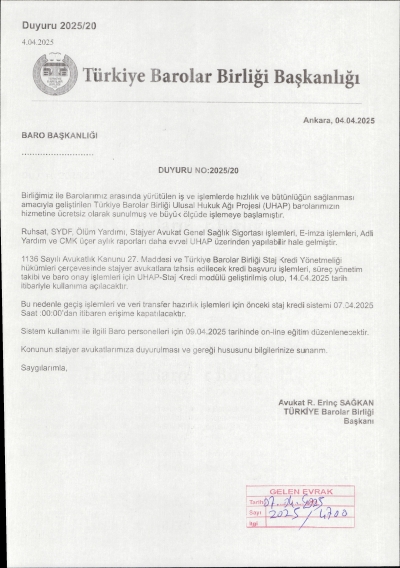 14 Nisan 2025 Tarihi İtibariyle Staj Kredi Başvurularının Uhap Sistemi Üzerinden Yapılacağına Dair Duyuru