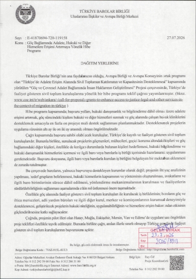 Göç Bağlamında Adalete, Hukuki ve Diğer Hizmetlere Erişimi Arttırmaya Yönelik Hibe Programı