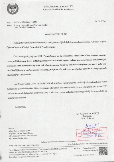 TBB' Başkanlığının Avukat Noyan Özkan Çevre ve Ekoloji Onur Ödülleri Hakkındaki Duyurusu