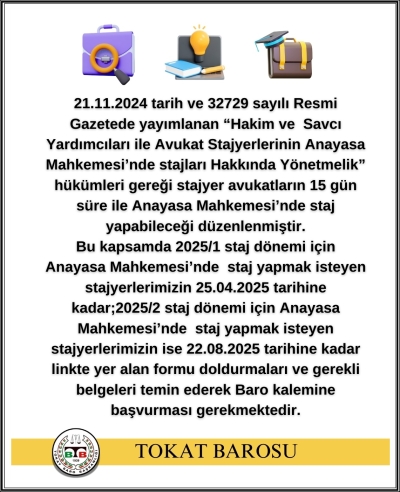 Stajyer Avukatların Anayasa Mahkemesinde Yapabilecekleri Staj Hakkında Duyuru