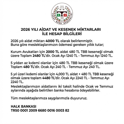 2026 Yılı " Aidat ve Kesenek Ödemeleri " Hakkında