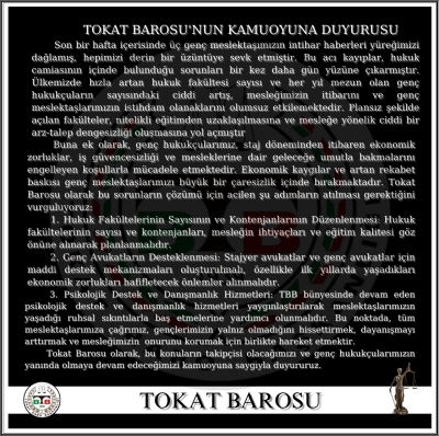 TOKAT BAROSU'NUN KAMUOYUNA DUYURUSU
