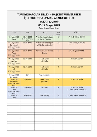 05-12 MAYIS 2023 TARİHLERİNDE DÜZENLENECEK İŞ HUKUKUNDA UZMAN ARABULUCULUK EĞİTİM PROGRAMI
