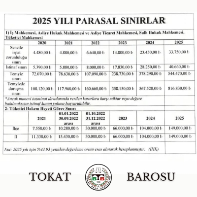 2025 Yılı Parasal Sınırlar