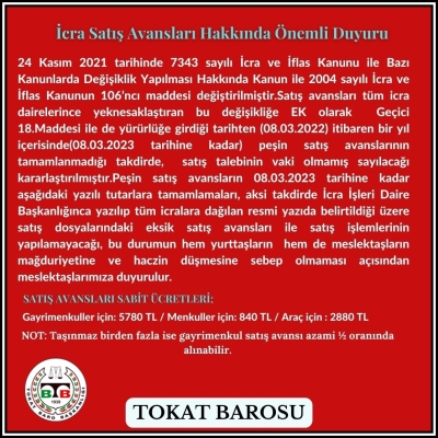 İCRA SATIŞLARI HAKKINDA ÖNEMLİ DUYURU