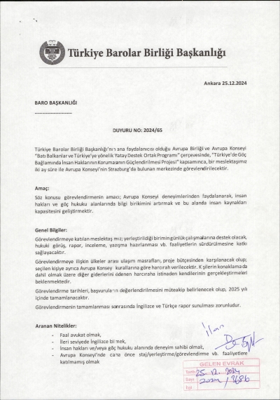 Türkiye Barolar Birliği Başkanlığı'nın 2024/65 Sayılı Duyurusu