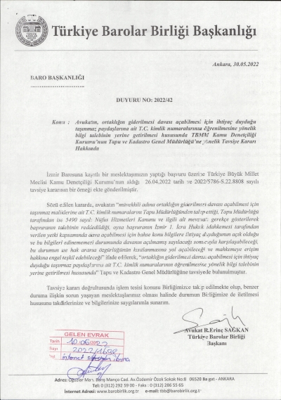Türkiye Barolar Birliğinin 30.05.2022 Tarih 2022/42 Sayılı Duyurusu