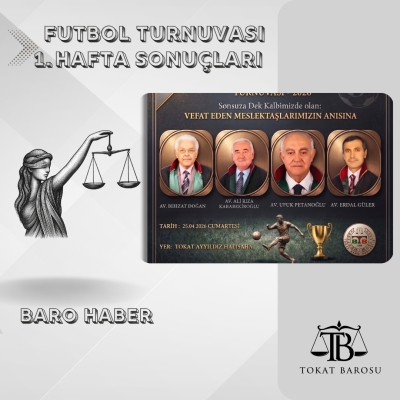 Tokat Barosu Av. Behzat DOĞAN , Av. Ali Rıza KARABEKİROĞLU, Av. Ufuk PETANOĞLU ve Av. Erdal GÜLER Halı Saha Futbol Turnuvası 1. Hafta Sonuçları